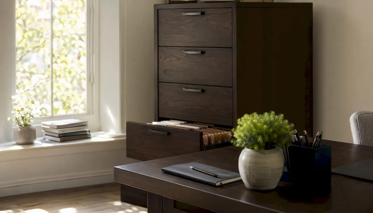 Secure filing cabinet with organized folders open