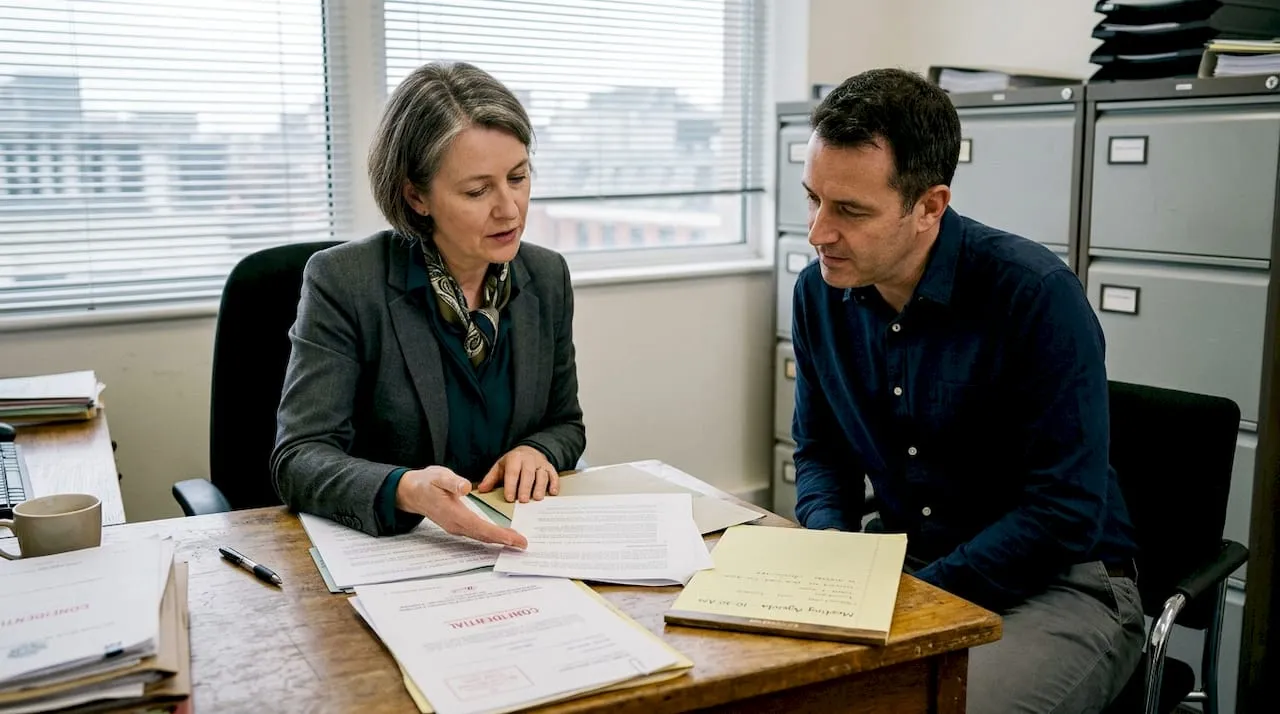 Solicitor and client discussing property agreement