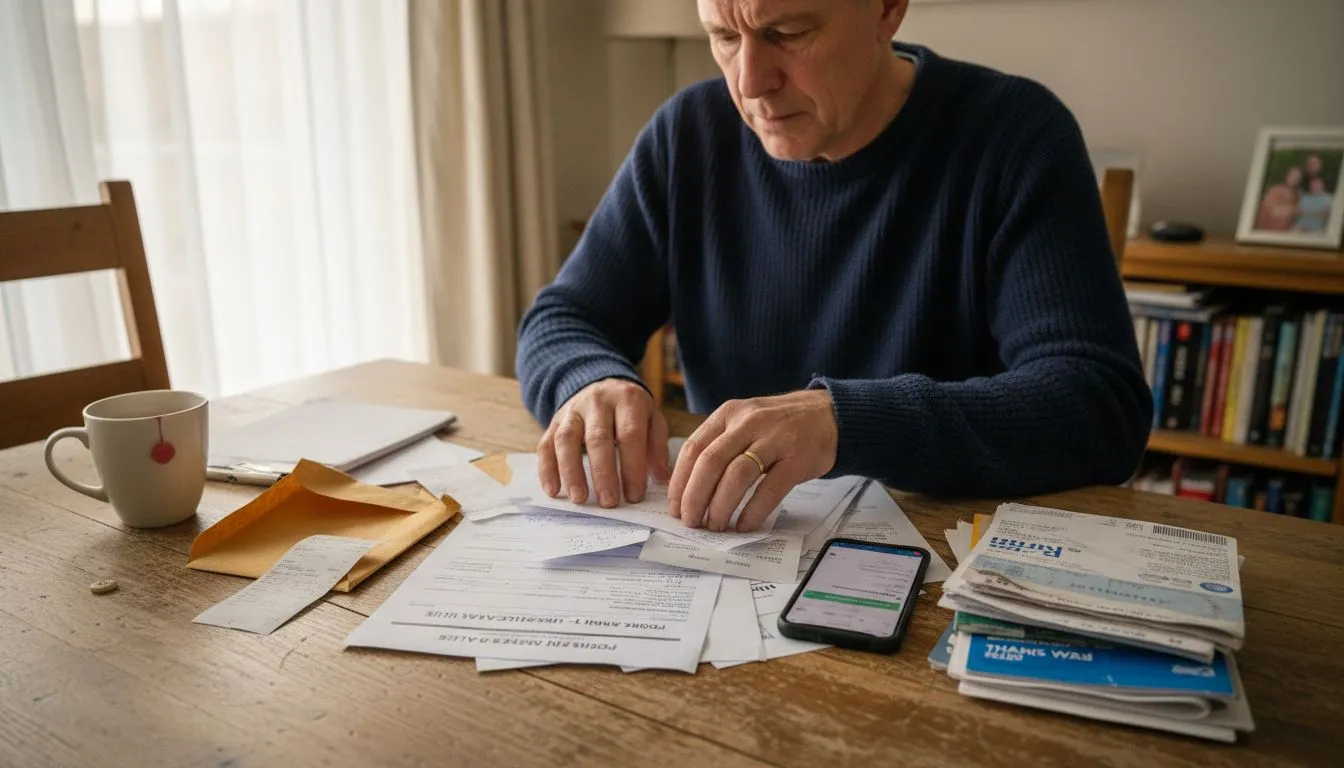 Man organizing probate forms and fee receipts