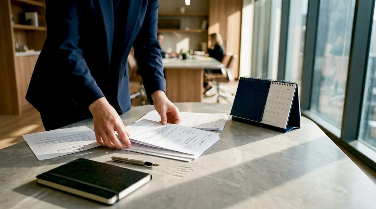 Person handling court paperwork on table