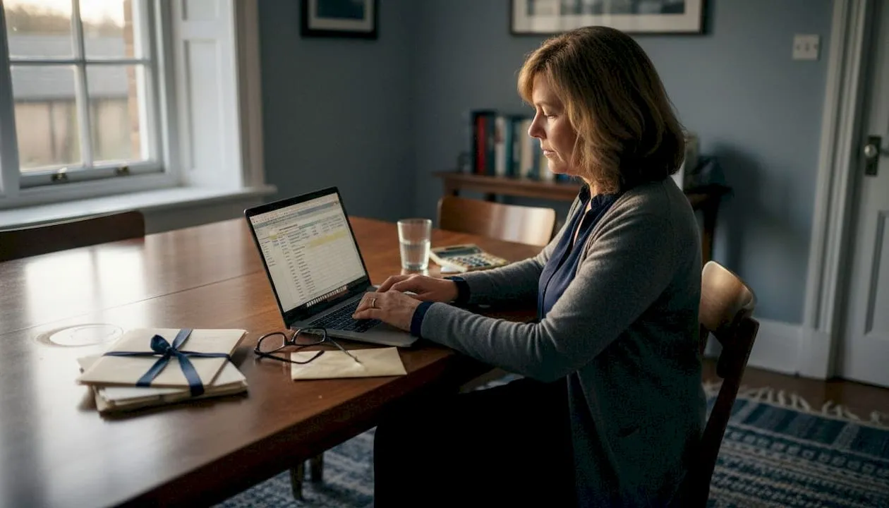 Woman updating asset list at home table