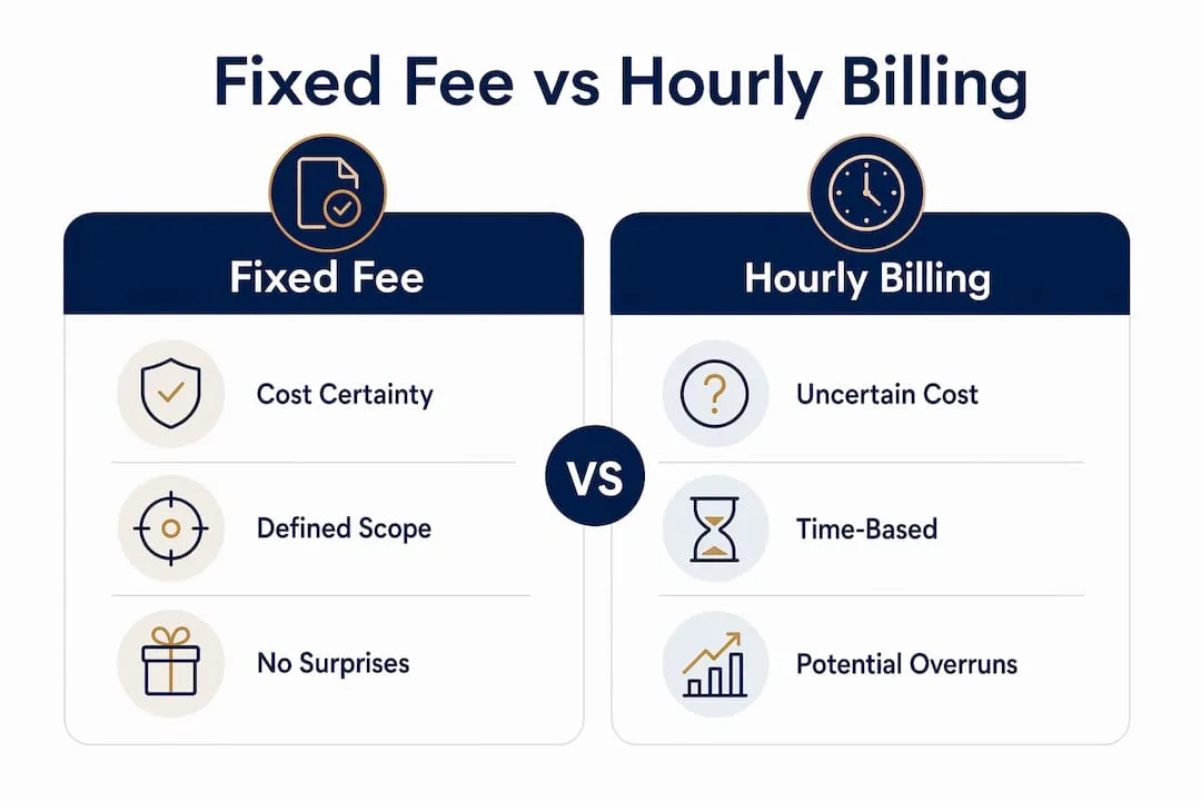Infographic comparing fixed fee and hourly legal billing