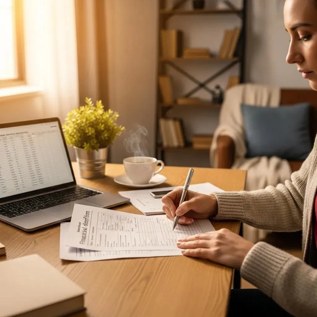 Individual completing financial disclosure forms in a cozy workspace