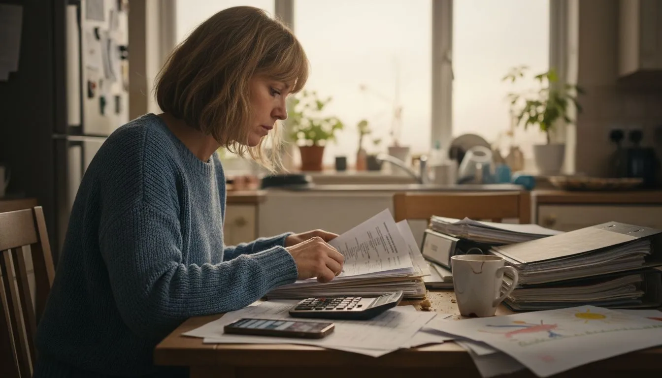 Woman reviewing financial settlement divorce paperwork