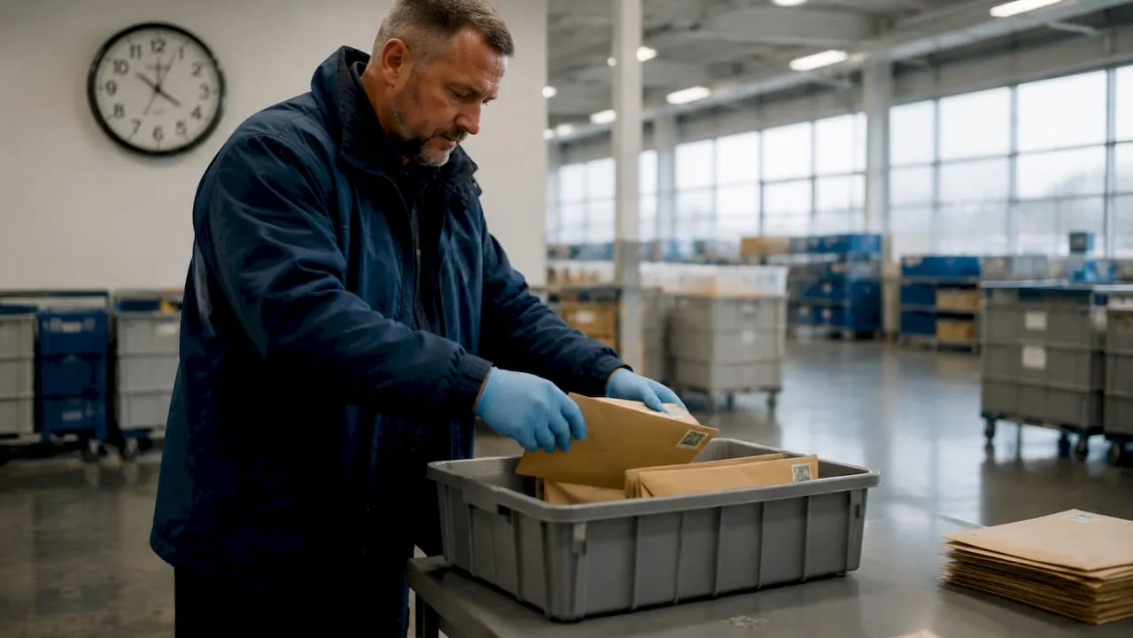 Postal worker sorting court documents