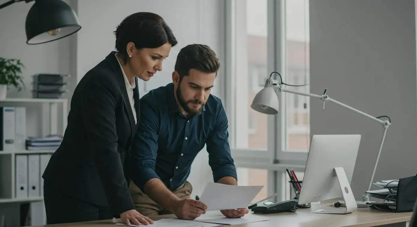 Probate solicitor assisting an executor with paperwork in a modern office