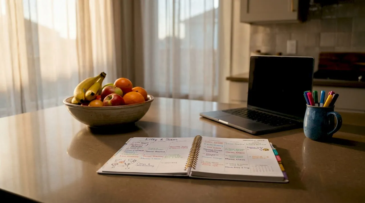Home office desk with child schedule planner