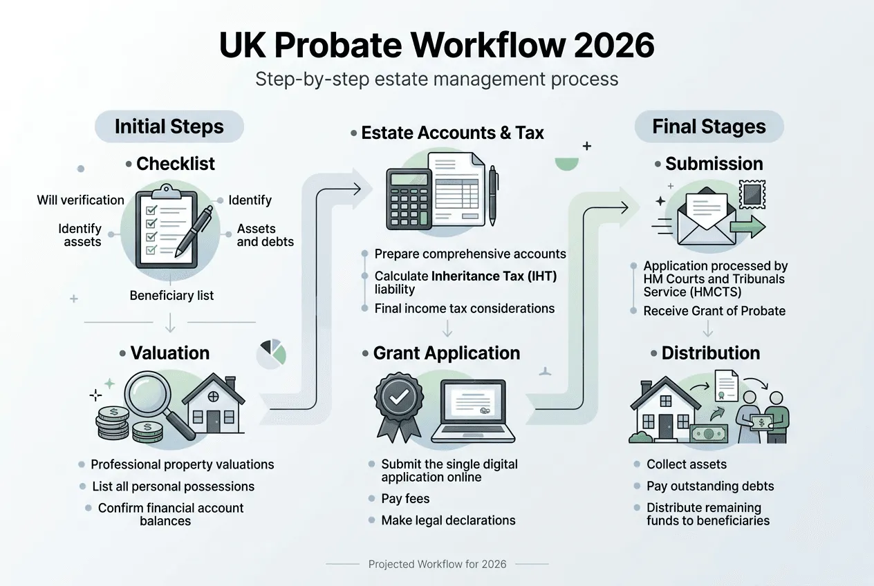 Infographic showing UK probate workflow steps