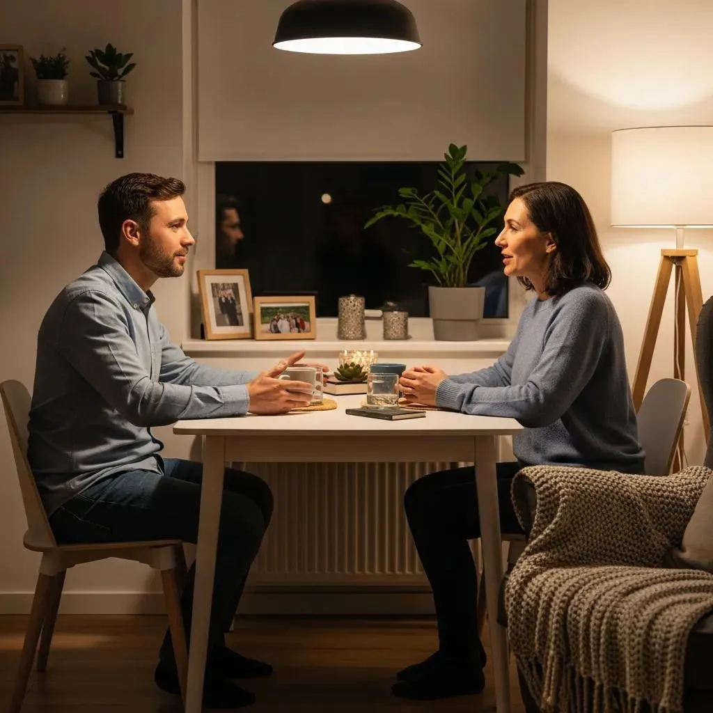 Two individuals communicating effectively in a family setting, emphasizing the importance of dialogue in legal disputes