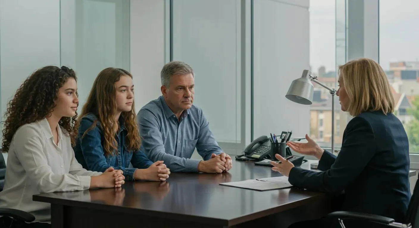 Family discussing options with a family law solicitor in a modern office