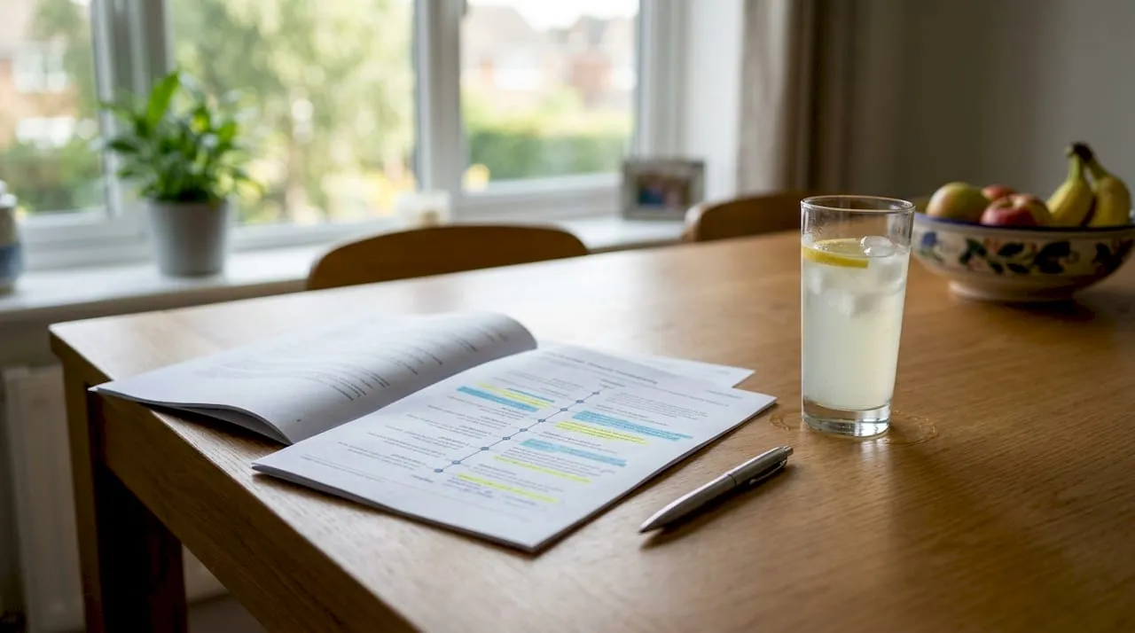 Overhead view of conveyancing timeline notes on kitchen table