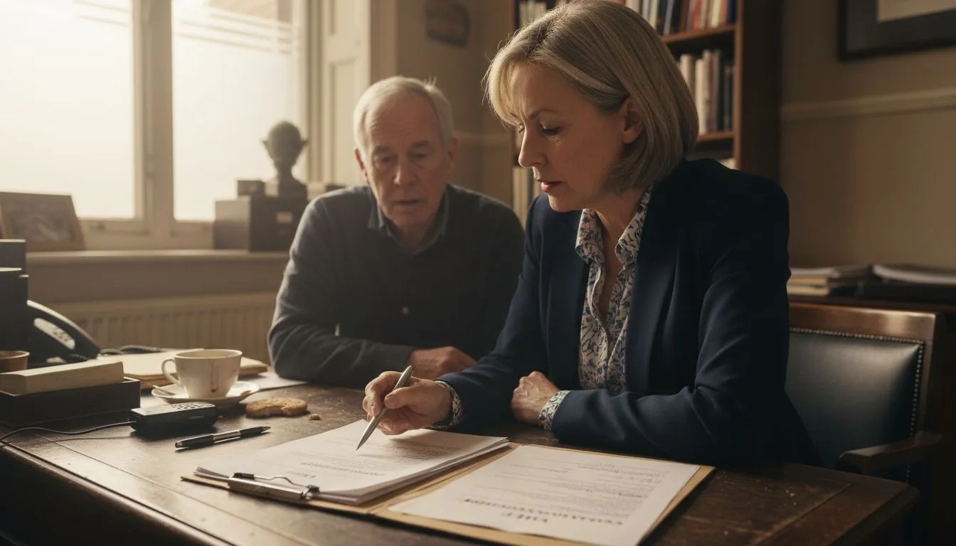 Solicitor and client reviewing will and guardianship papers