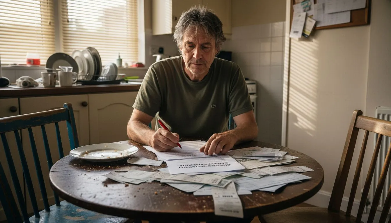 Man reviewing divorce paperwork at home