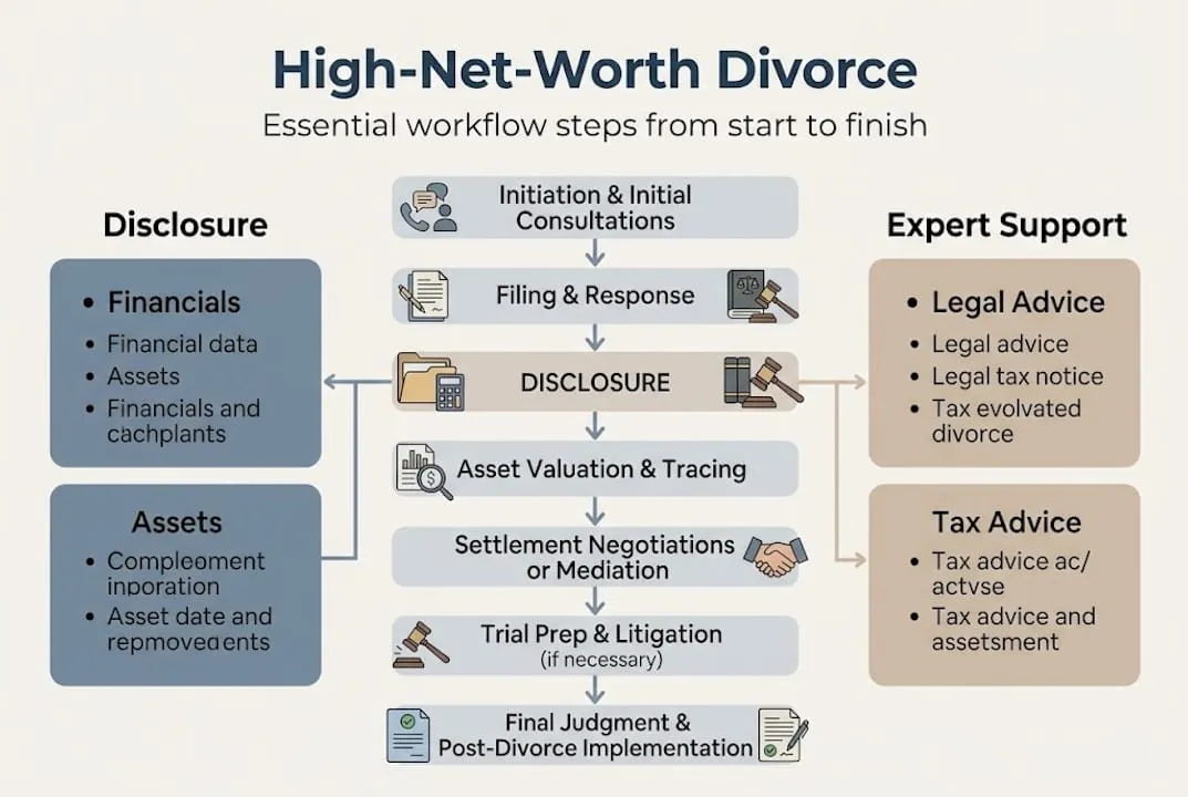 Infographic showing high-net-worth divorce workflow steps