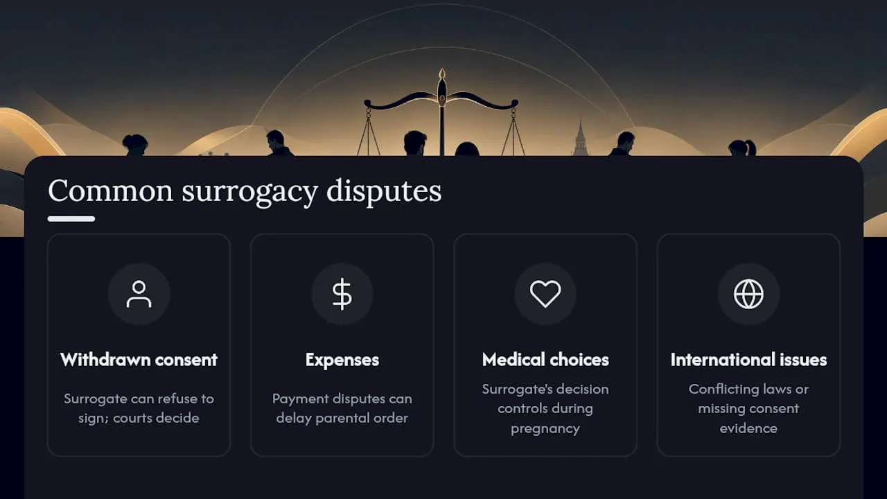 What disputes commonly arise in surrogacy arrangements? — overview diagram