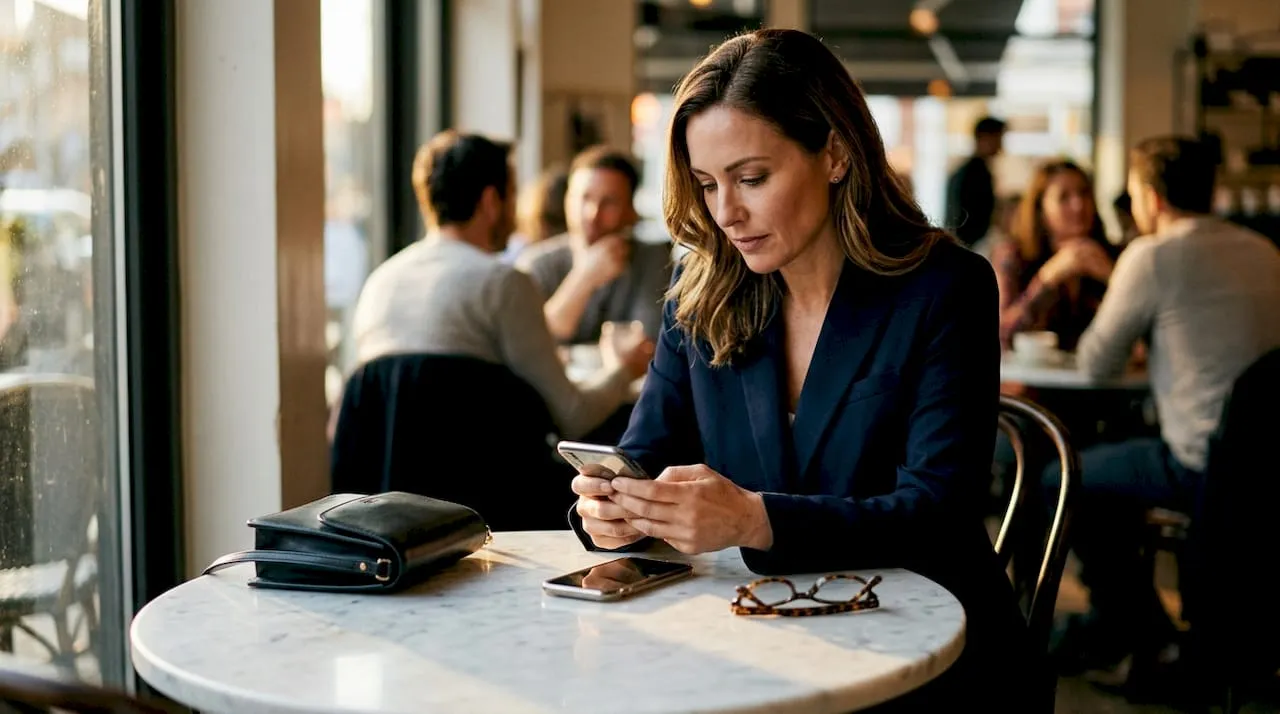 Hands typing on smartphone at café table