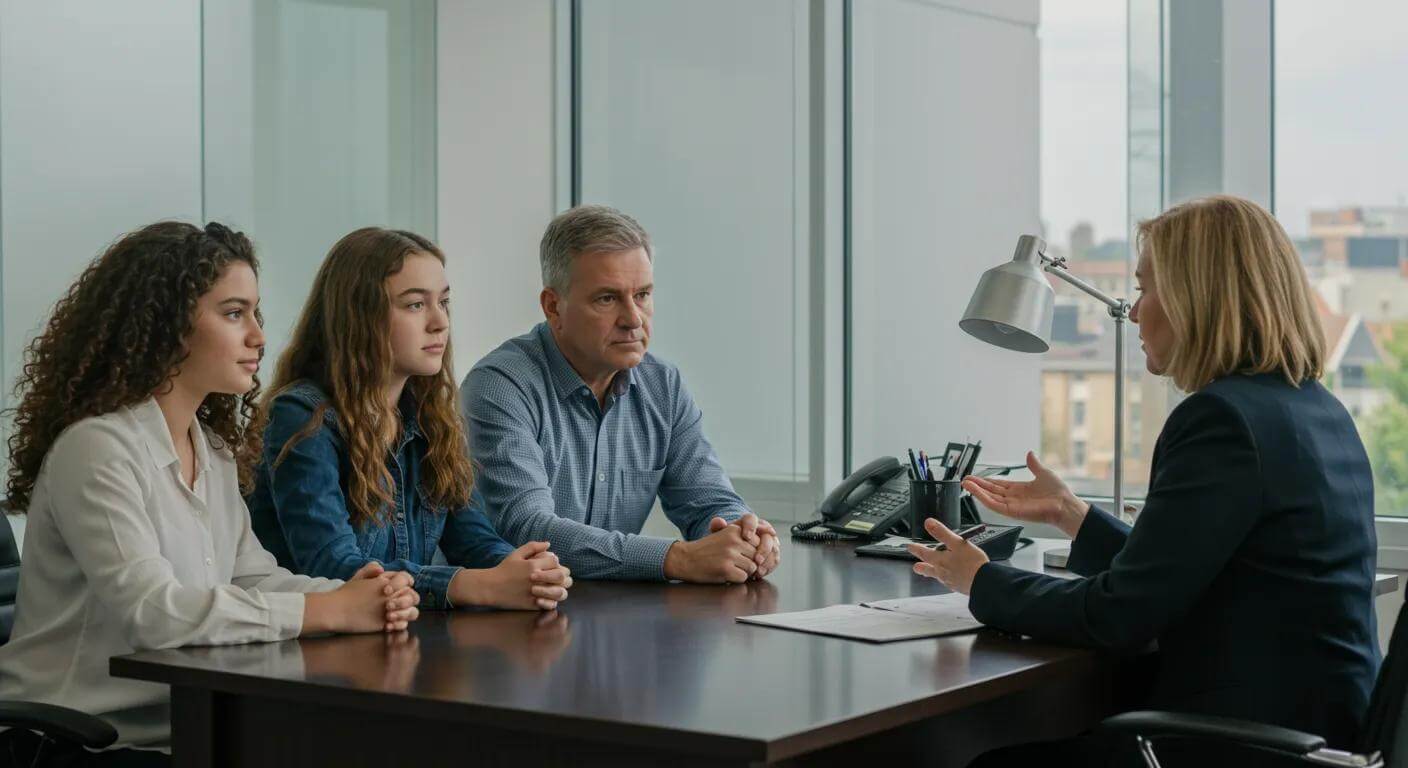 Family discussing options with a family law solicitor in a modern office