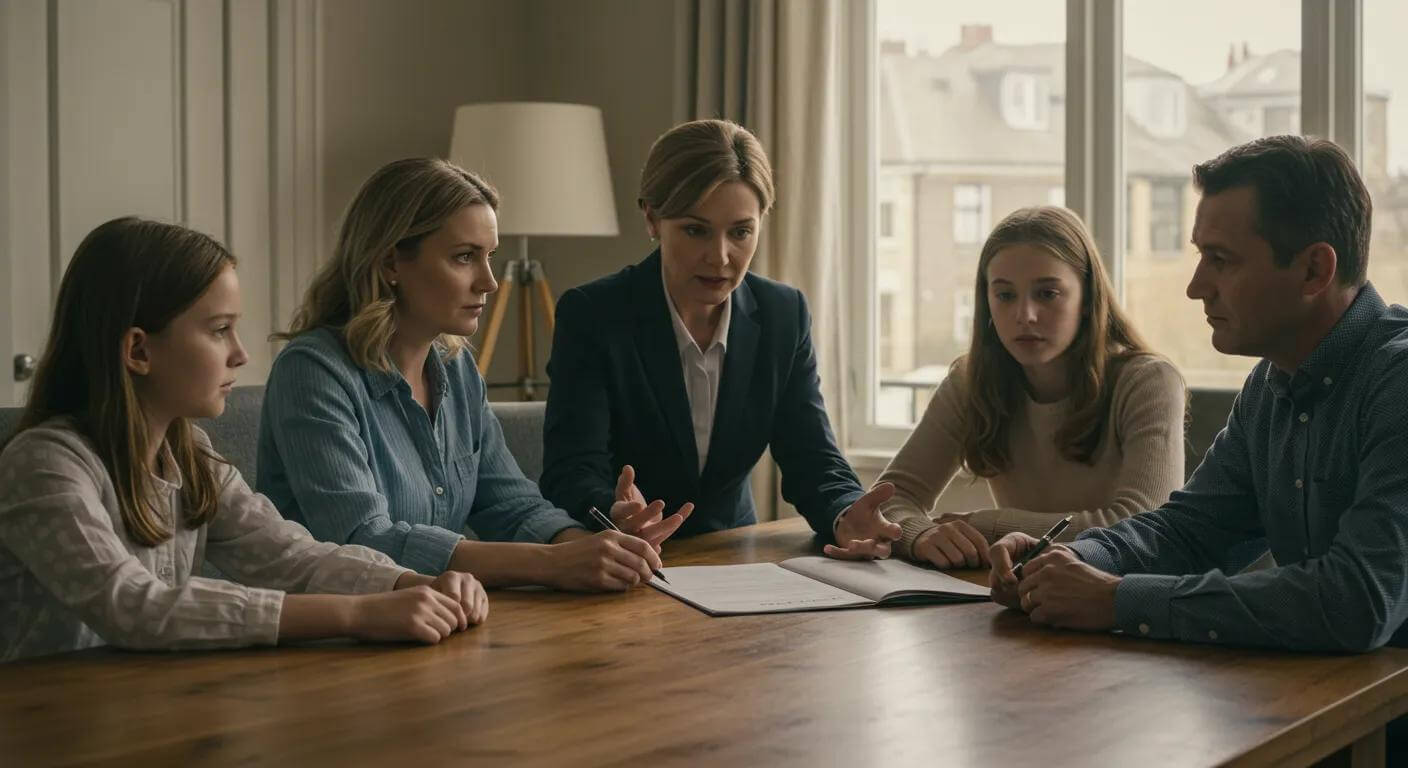 Family discussing legal aid options with a family law solicitor at a table