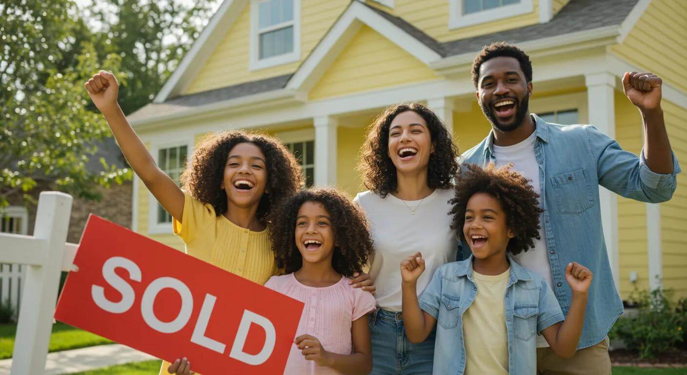 Happy family celebrating in front of their new home with a 'Sold' sign