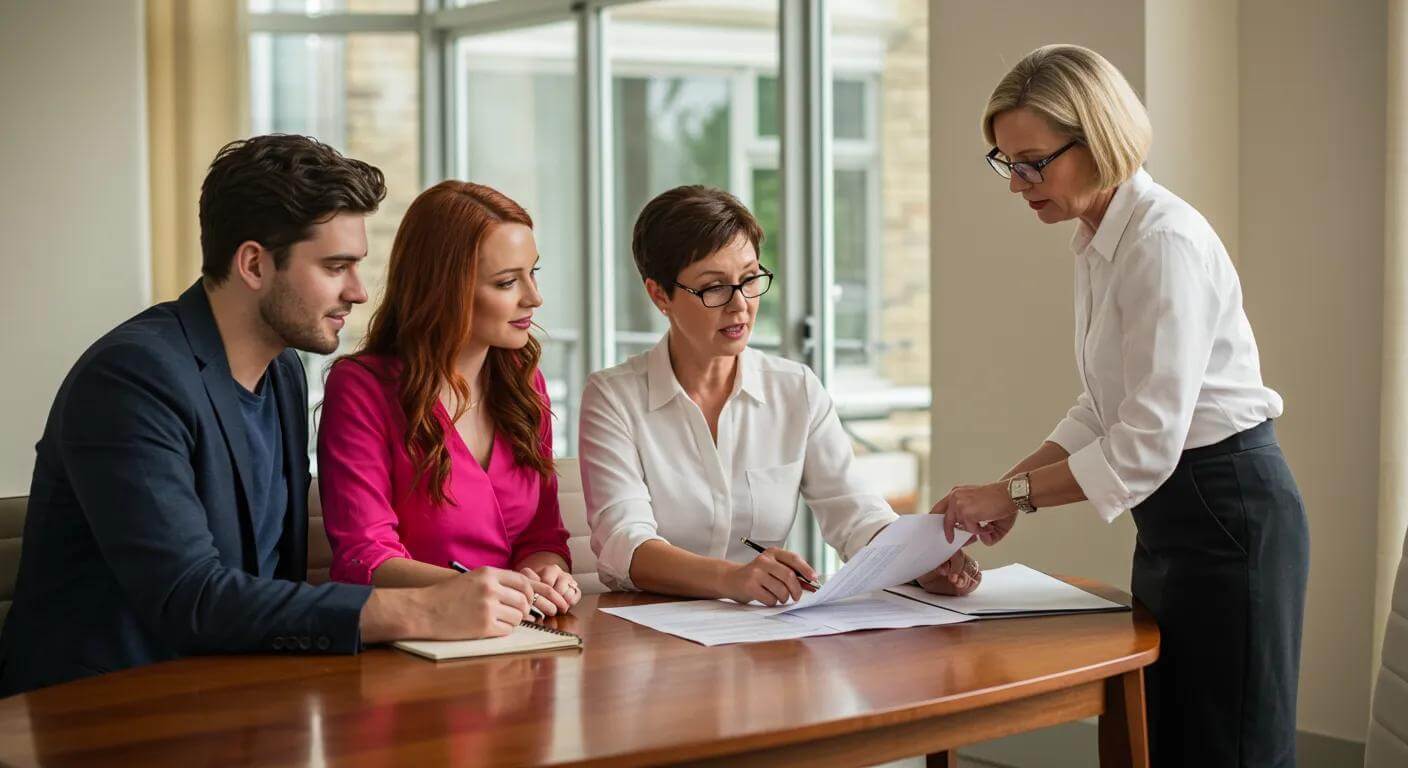 Couple discussing property documents with a conveyancing solicitor in a bright office