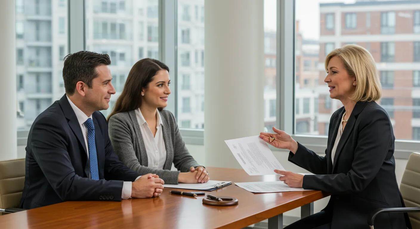 Solicitor explaining executor and beneficiary roles to a couple, highlighting the importance of legal guidance