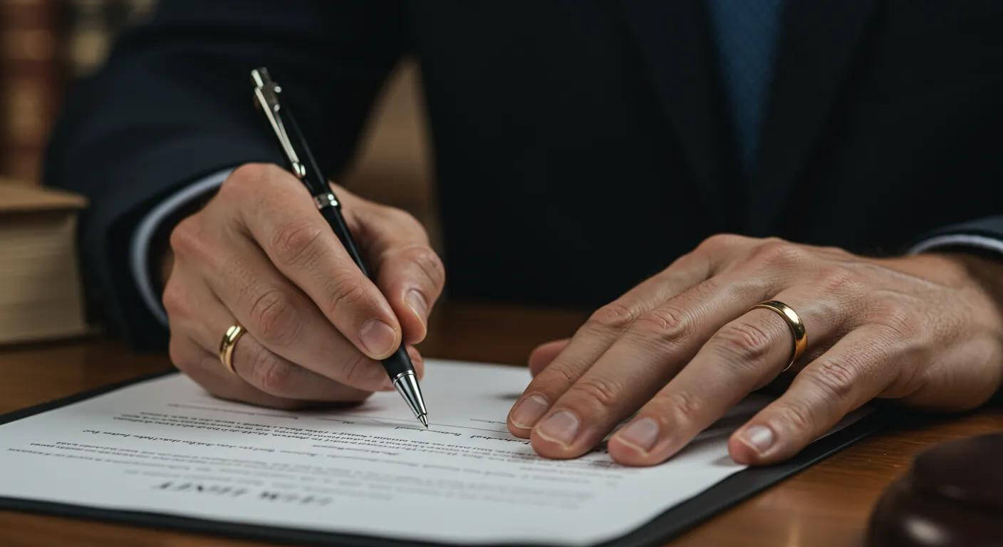 Close-up of hands signing a will document with a legal book in the background