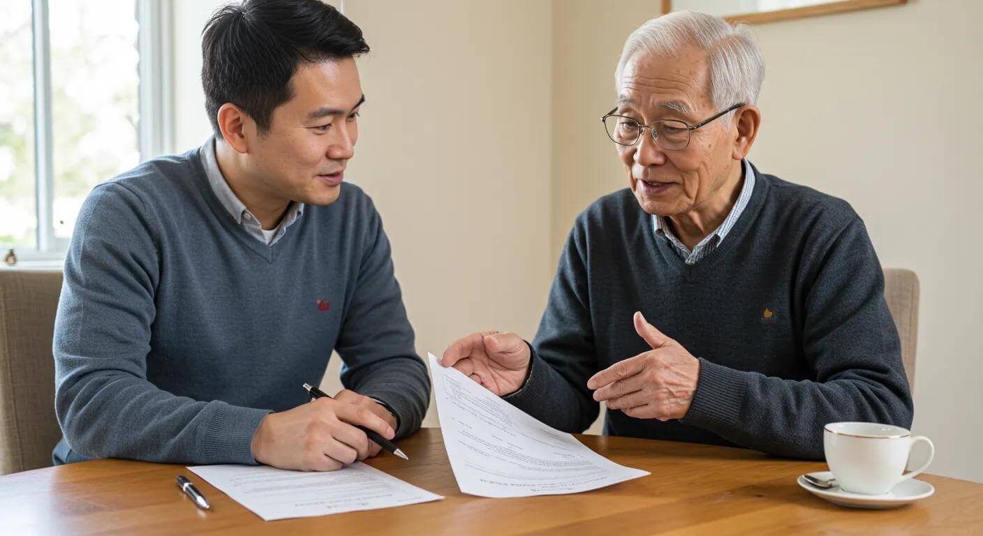 Elderly person discussing Lasting Power of Attorney with a family member, emphasizing proactive planning for future care