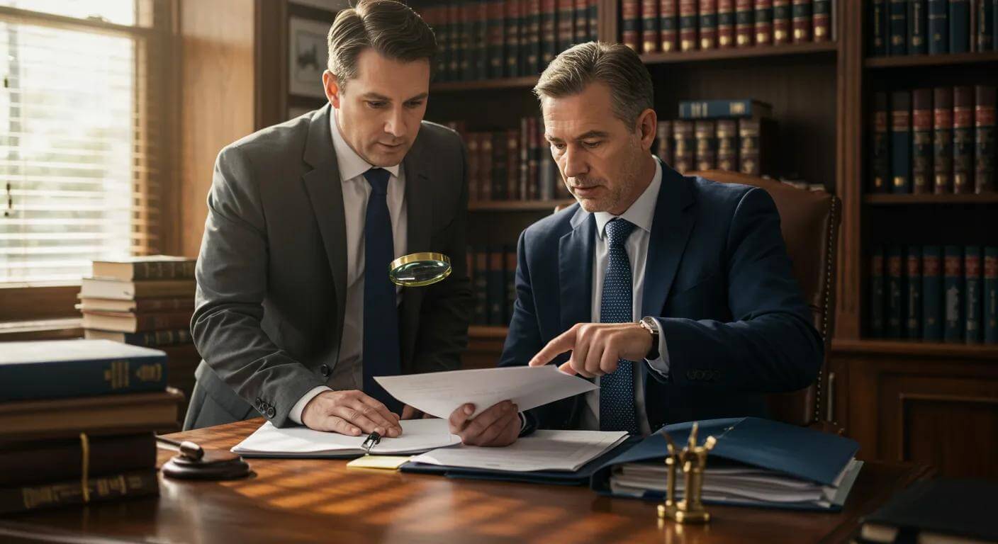 Solicitor and executor reviewing probate documents in an office
