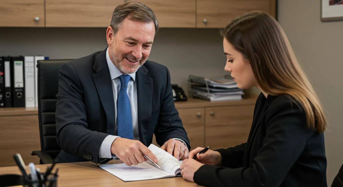 Family law solicitor explaining legal documents to a client in Romford