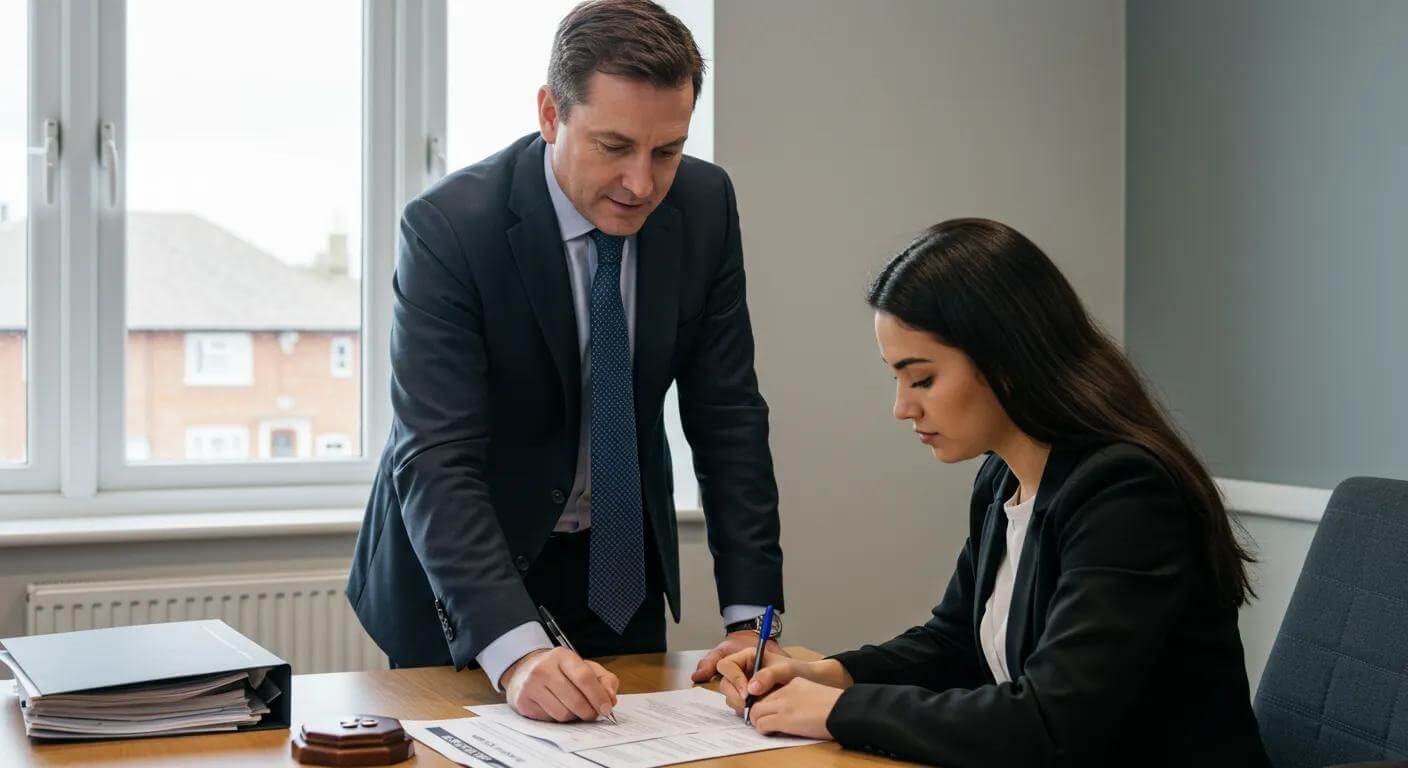 Solicitor assisting a client with legal aid application paperwork