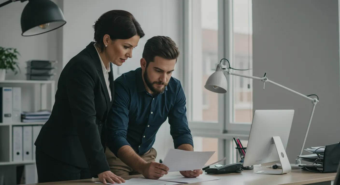 Probate solicitor assisting an executor with paperwork in a modern office