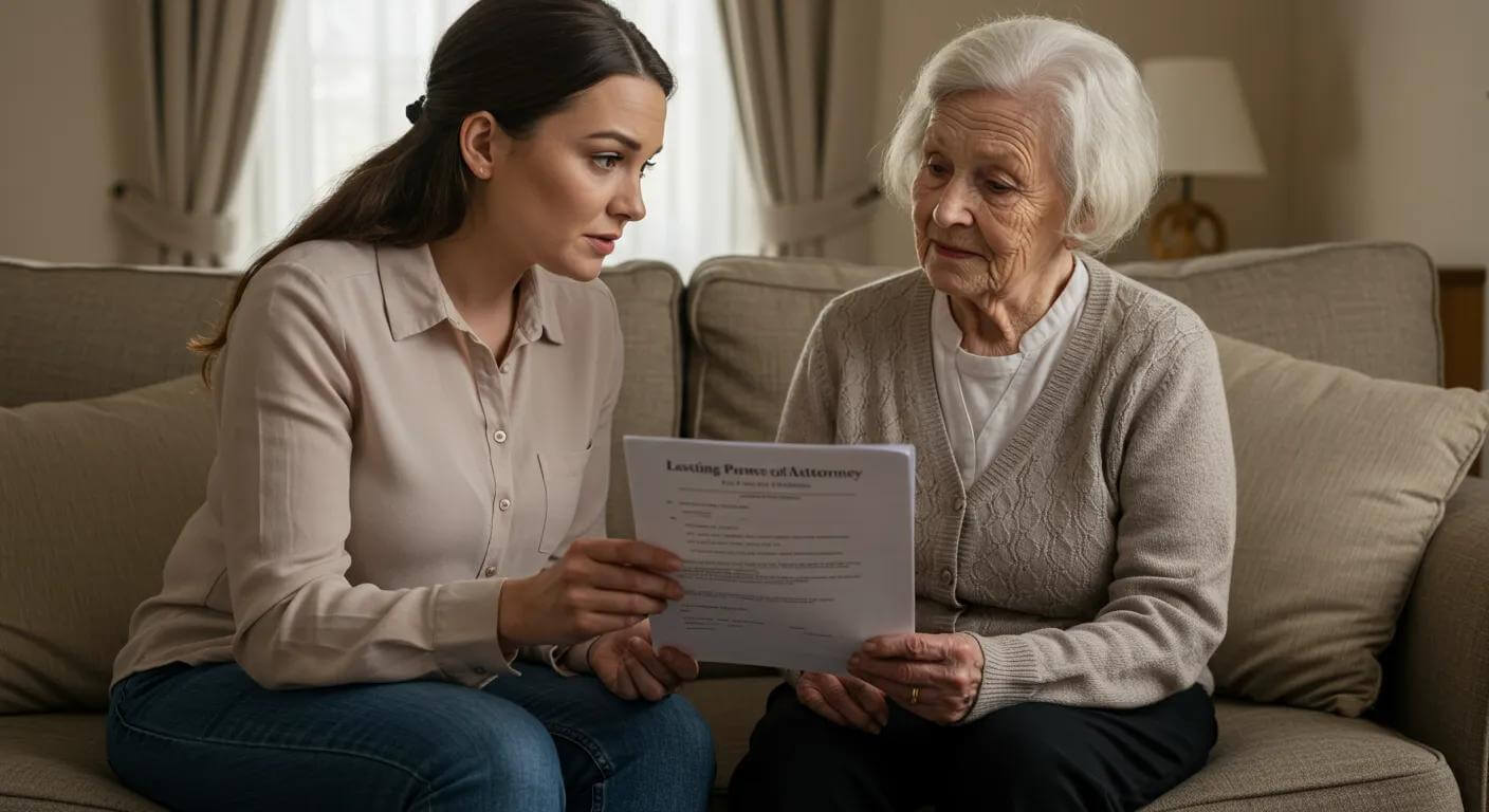 Elderly person and adult child discussing Lasting Power of Attorney in a warm living room