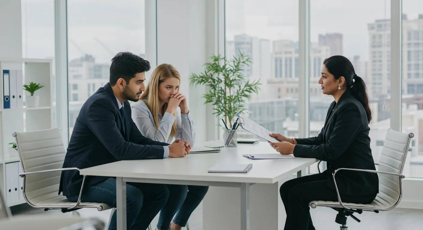 Couple consulting with a solicitor about the divorce process in a modern office