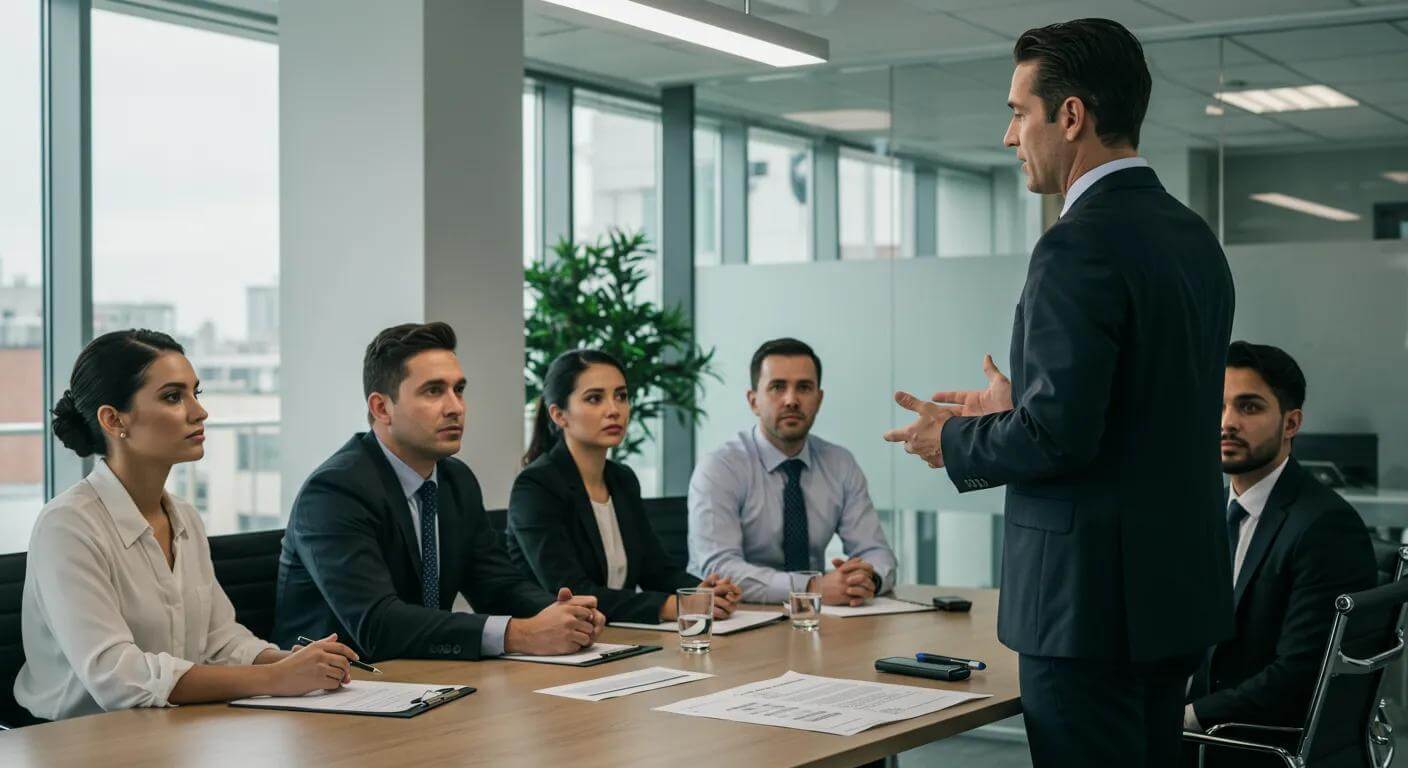 Solicitor explaining commercial lease agreements to clients in a contemporary office