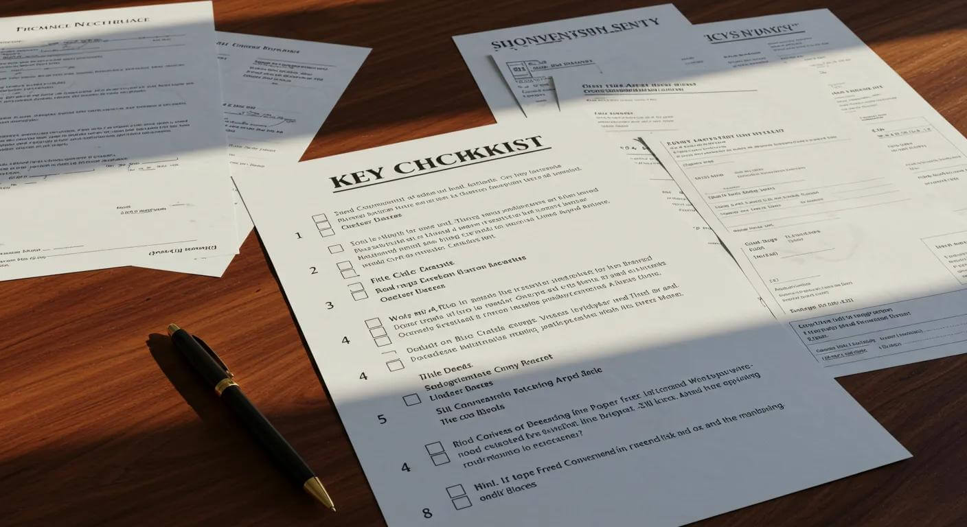 Checklist of key steps in the conveyancing process on a desk with property documents