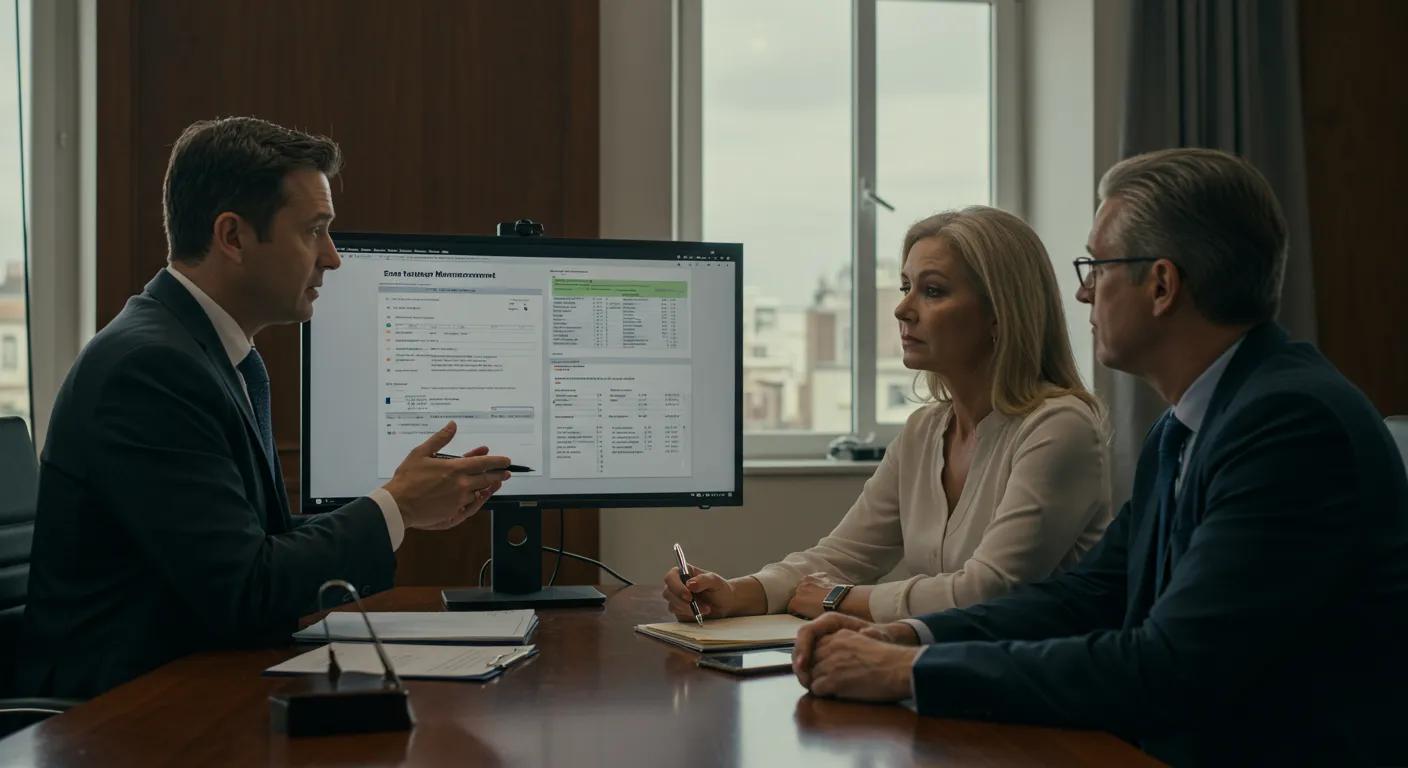 Solicitor discussing estate management with clients, showcasing estate accounts and tax forms