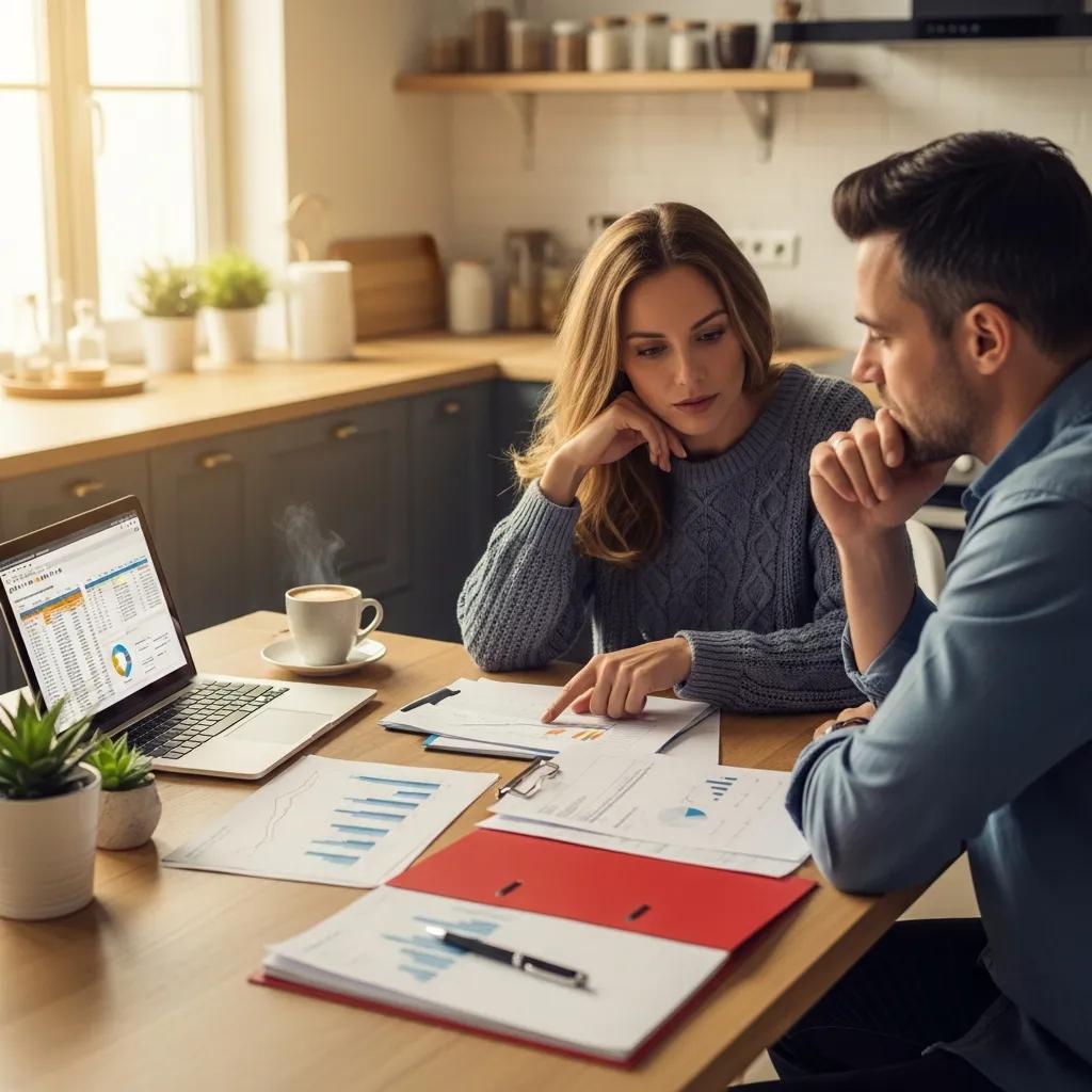 Couple discussing financial settlement agreements at a kitchen table