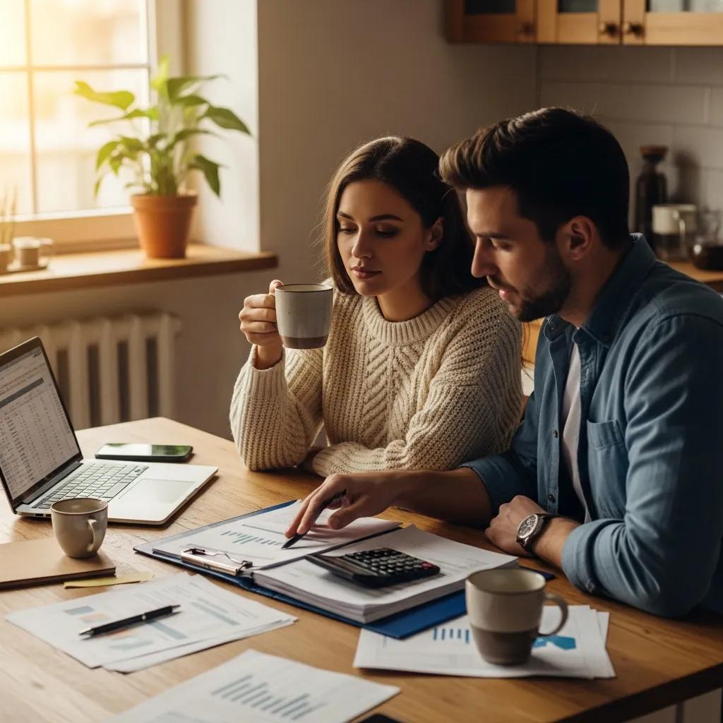 Couple discussing financial settlement agreements in a cozy kitchen setting