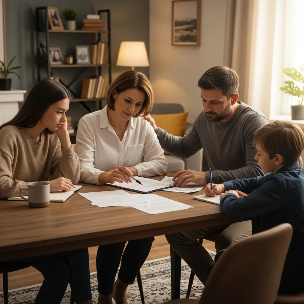 Family discussing legal matters in a cozy home environment