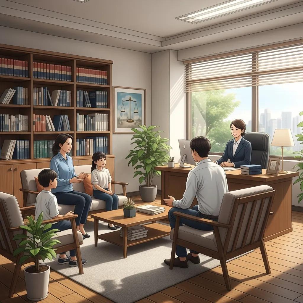 Family lawyer's office with a family consulting a lawyer, emphasizing support and guidance in family law matters