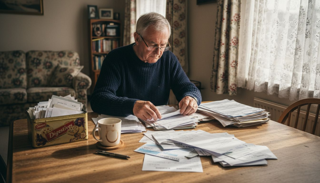 Man organizing probate paperwork at home table