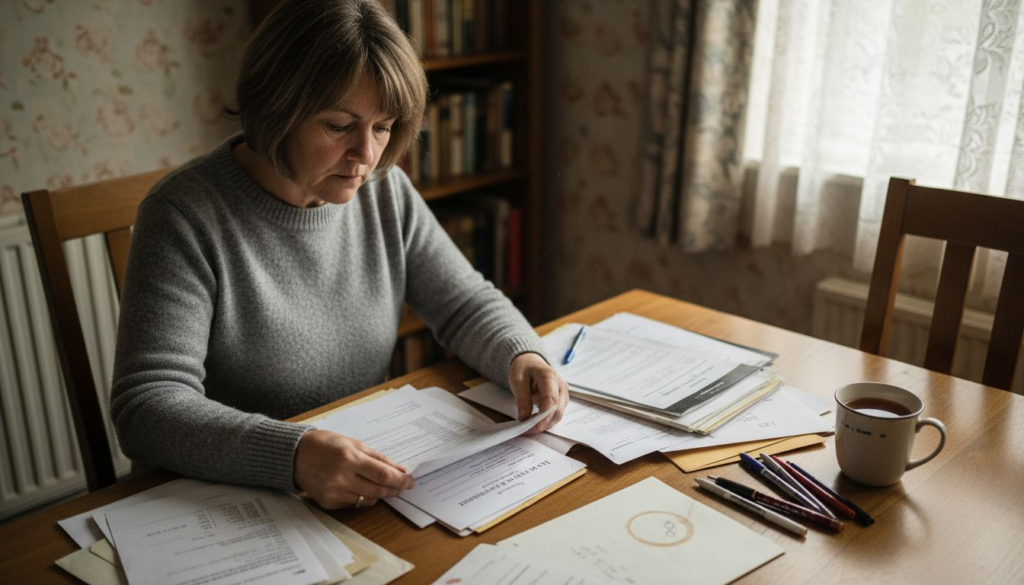 Woman organizing estate documents at home table