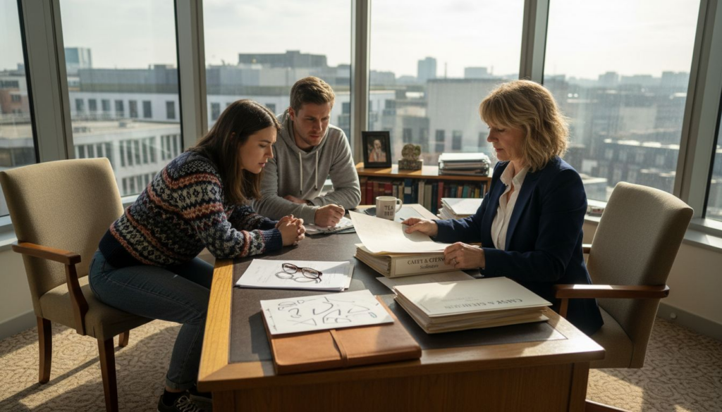 Solicitor consulting couple on family law