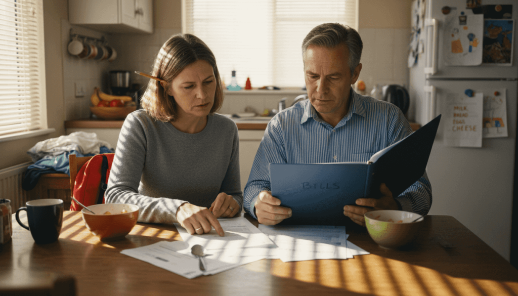 Divorced parents reviewing estate documents at kitchen table
