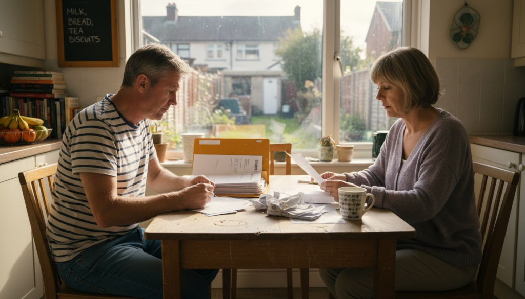 Couple reviewing probate paperwork at kitchen table