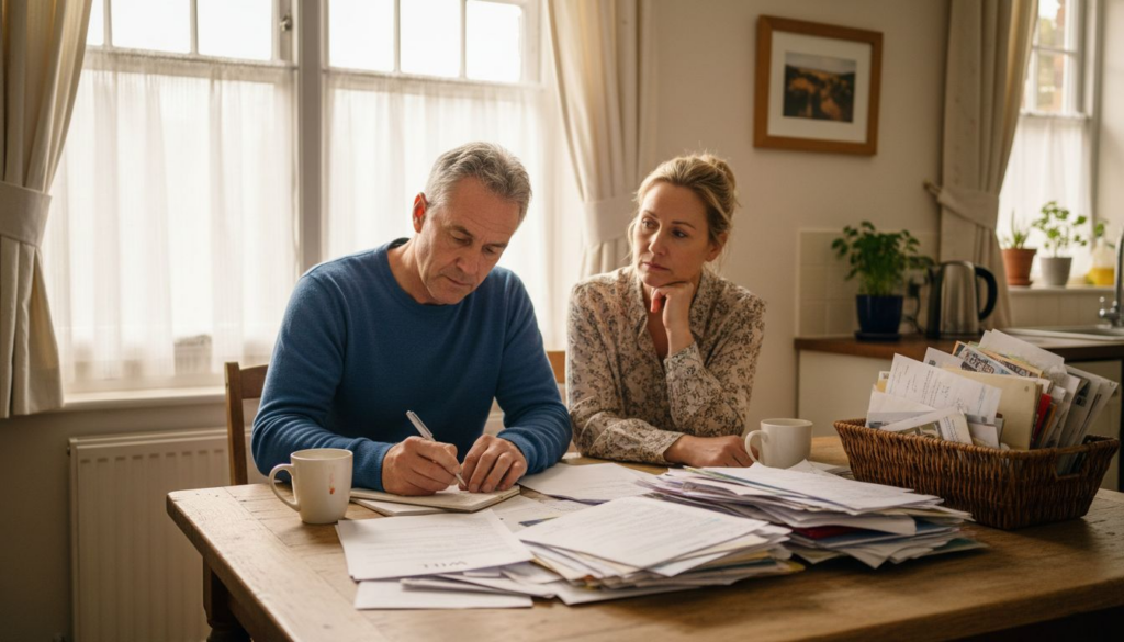 Couple planning estate at kitchen table