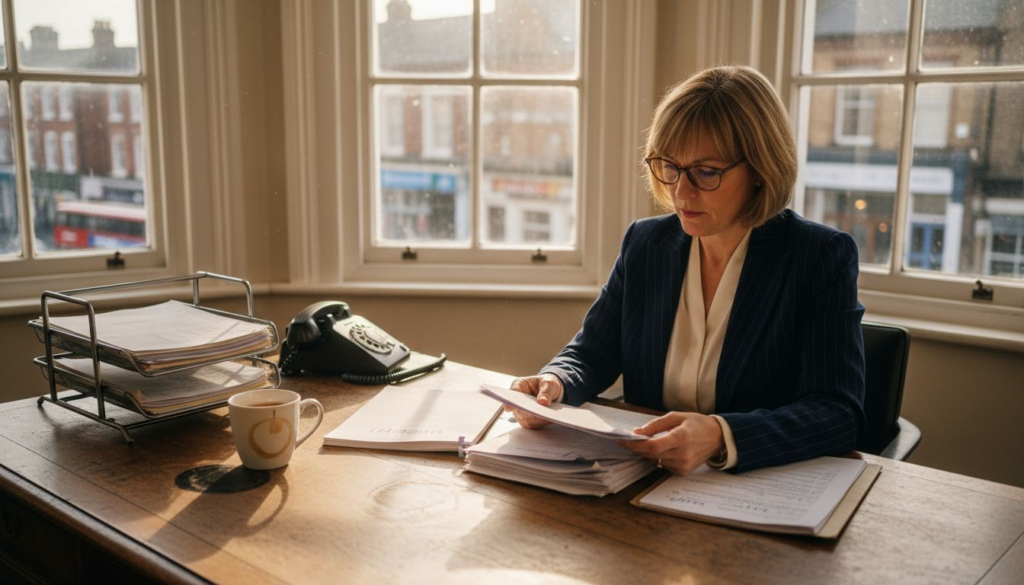 Family law solicitor reviewing documents in bright office