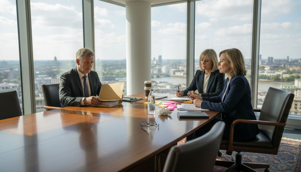 Couple and lawyer reviewing divorce property documents