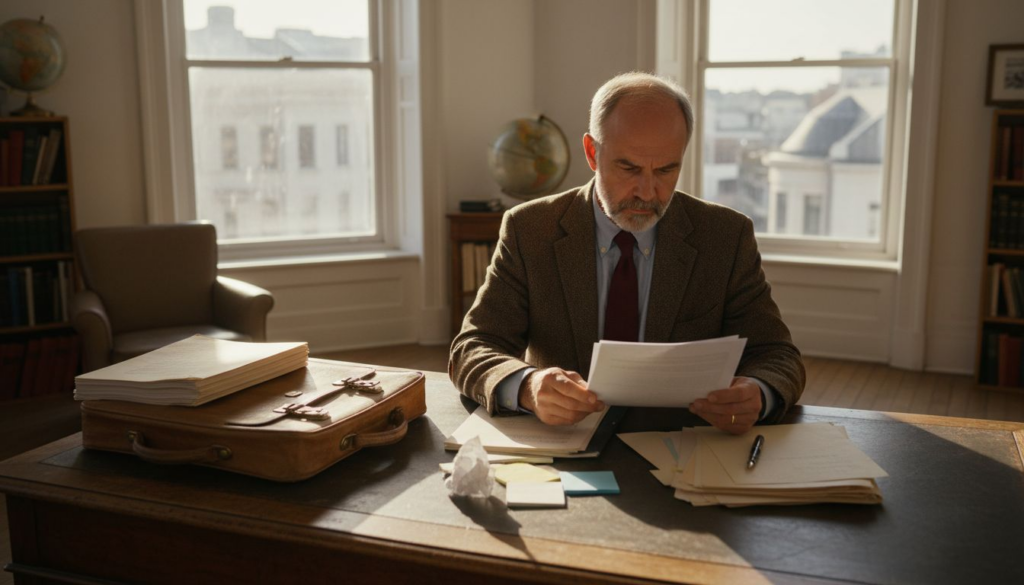 Executor sorting probate papers in office