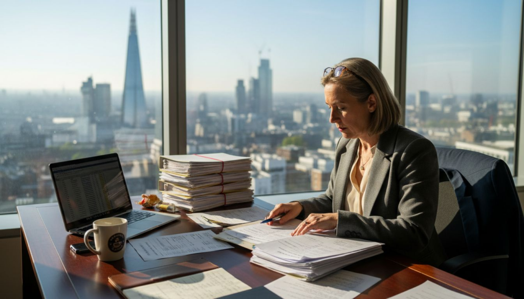Woman reviewing probate paperwork in UK office